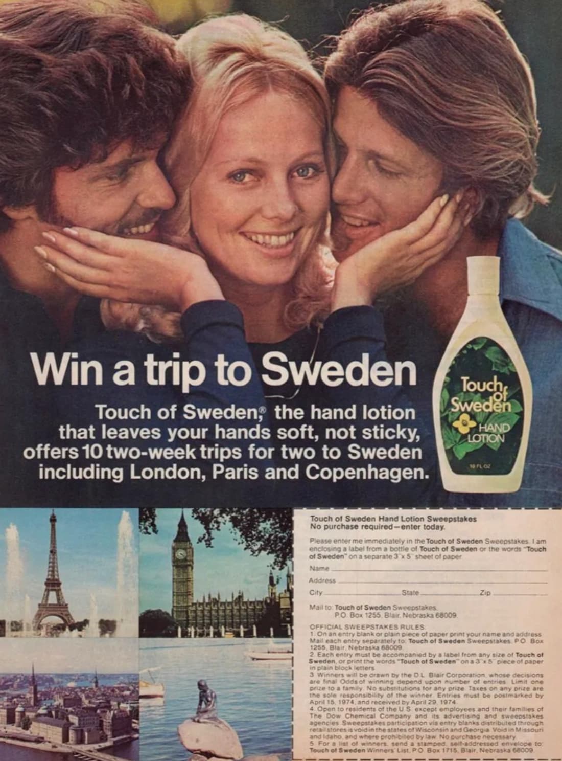 vintage advertisement - Win a trip to Sweden Touch of Sweden, the hand lotion that leaves your hands soft, not sticky, offers 10 twoweek trips for two to Sweden including London, Paris and Copenhagen. Touch Sweden Hand Lotion 10 Floz Touch of Sweden Hand 